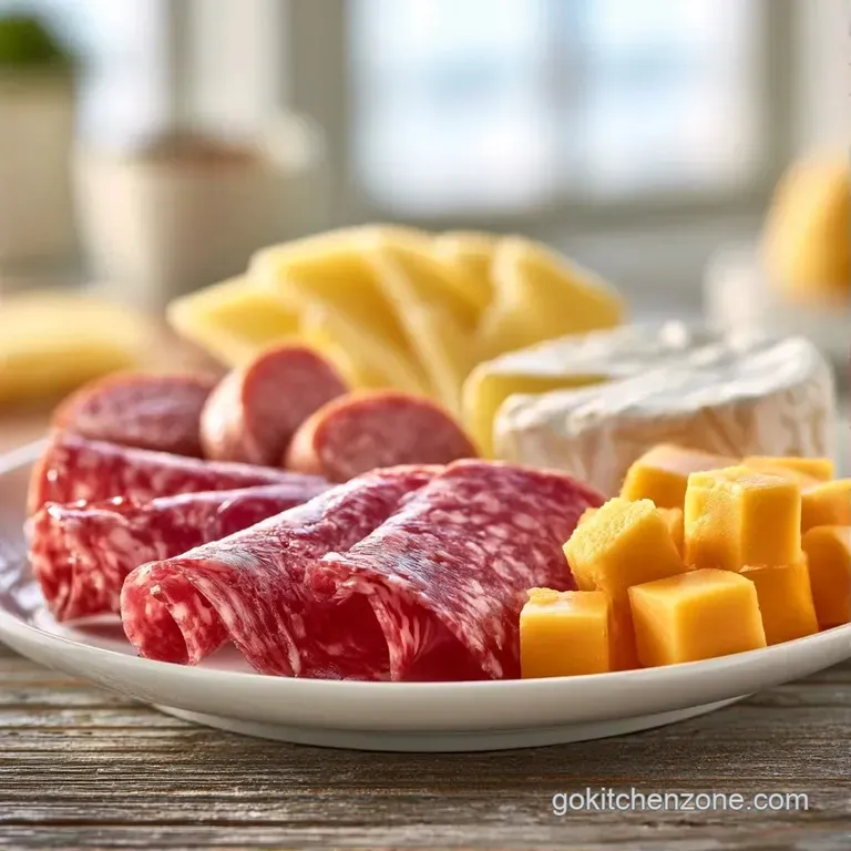 Artfully arranged slices of salty salami and cubes of yellow cheese accented by deep purple grapes and green olives.