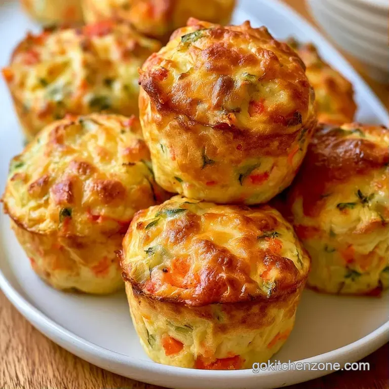 Three warm savory muffins stacked on a white ceramic plate with a side of fresh greens and a linen napkin
