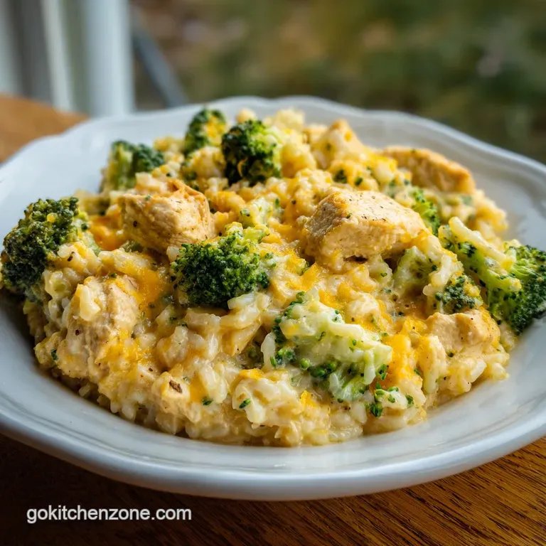 Elegant plate with a generous portion of cheesy chicken and broccoli rice, highlighted by steam rising and fresh parsley g...