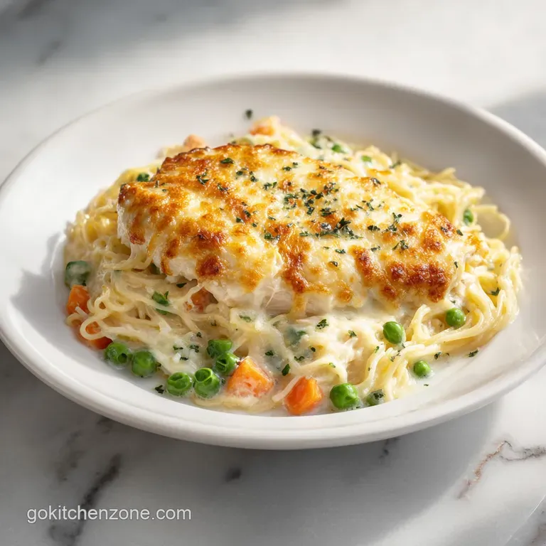 Elegant portion of creamy cheesy noodles and chicken on a white porcelain plate garnished with chopped chives.