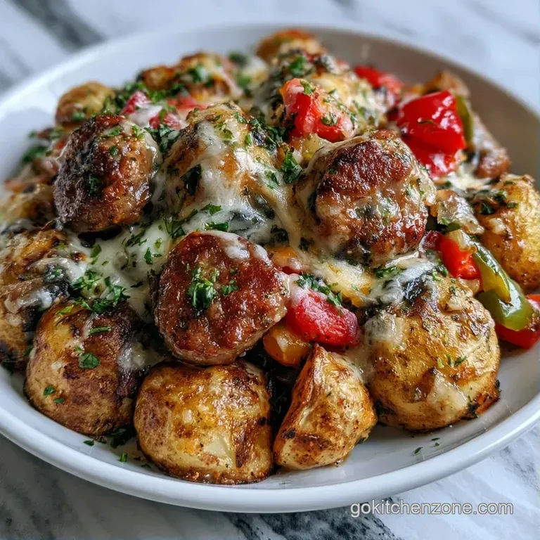 Golden-brown sausage slices topped with bubbling melted cheese served in a rustic cast iron skillet on a wooden table.