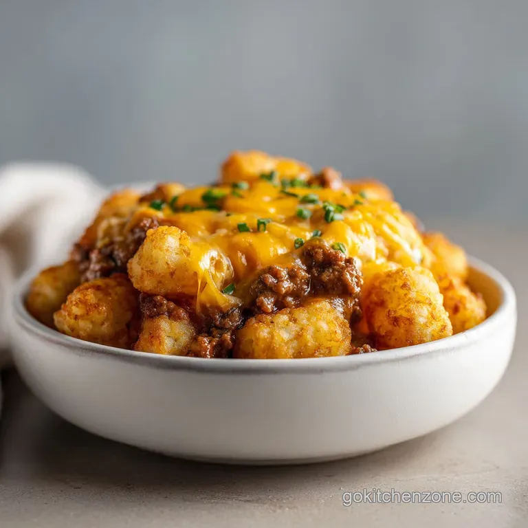 A generous scoop of tater tot casserole, crowned with melted cheese, served on a rustic plate.