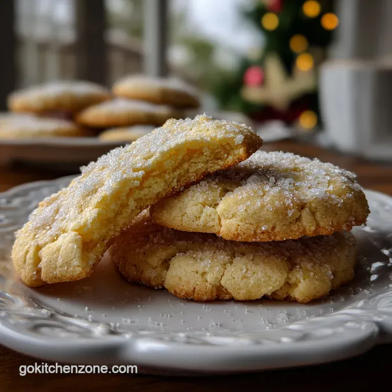 Artfully arranged sugar cookies on a white plate, showcasing slightly crinkled edges and a scattering of sanding sugar, in...