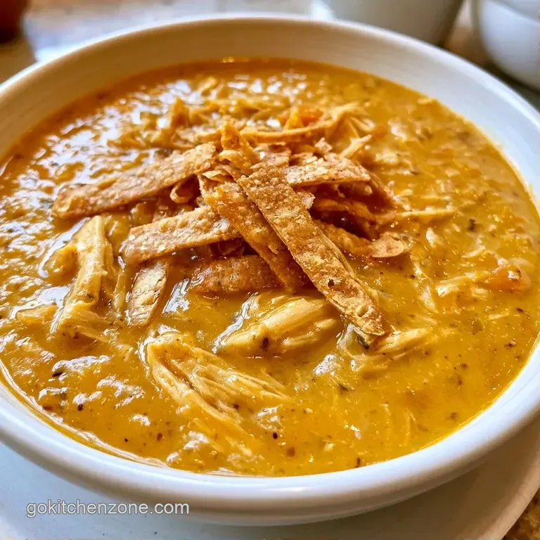 Warm orange soup in a white bowl topped with creamy avocado slices, fresh cilantro, and crispy tortilla strips.