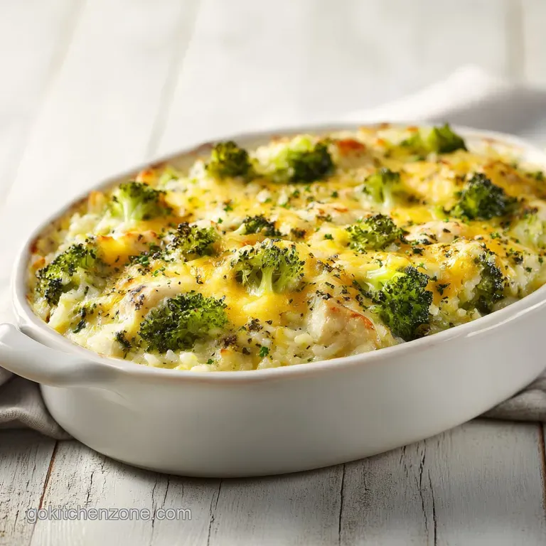A spoonful of rich, cheesy chicken broccoli casserole reveals tender chicken, bright green broccoli, and a crunchy, golden...