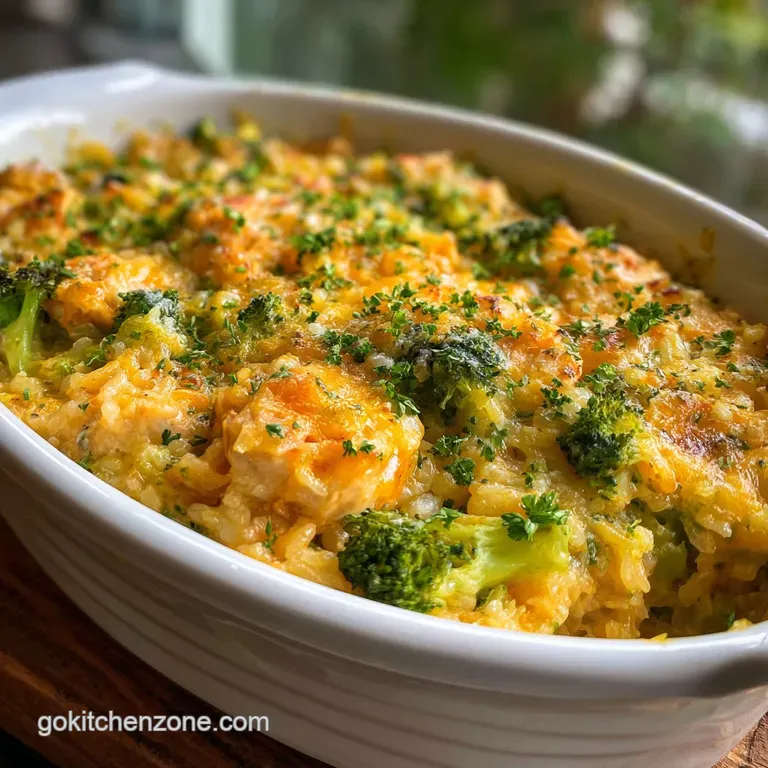 Creamy chicken and rice casserole served in a white dish. Tender broccoli and a bubbly topping. Ready to eat, a comforting...