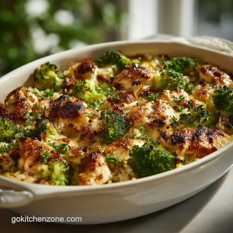 Creamy, comforting casserole served in a white dish, sprinkled with herbs, showcasing the chicken, broccoli, and rice.