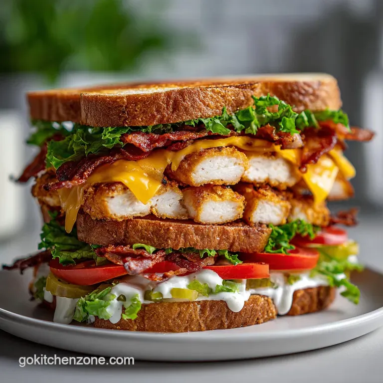 Chicken club sandwich cut in half, revealing layered fillings. Served with golden fries and a side of tangy coleslaw on a ...
