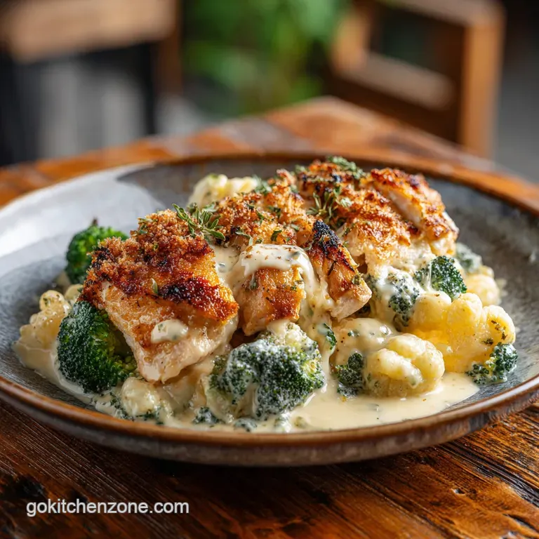 Plated chicken divan: moist chicken and broccoli bathed in creamy sauce, topped with crispy breadcrumbs and fresh parsley.