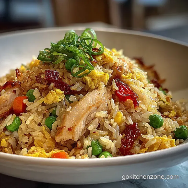 Perfectly portioned fried rice on a white plate. Fluffy grains interspersed with vibrant vegetables and savory chicken, ga...