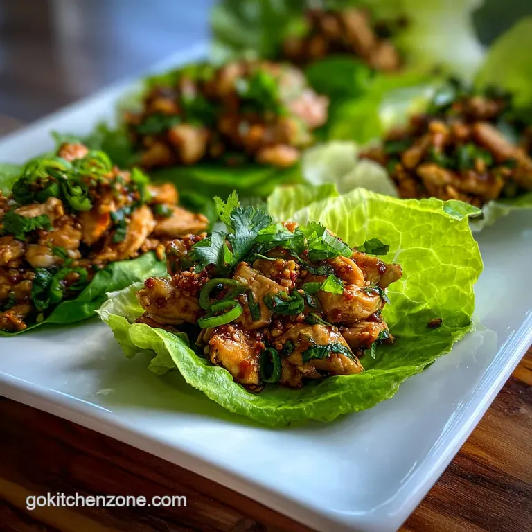 Plated lettuce wrap: savory chicken filling overflowing crisp lettuce cup, garnished with vibrant green herbs, and a zesty...