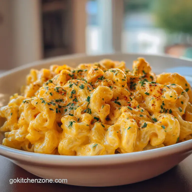 Creamy, cheesy chicken mac served in a white bowl, garnished with fresh parsley for a bright pop of color.