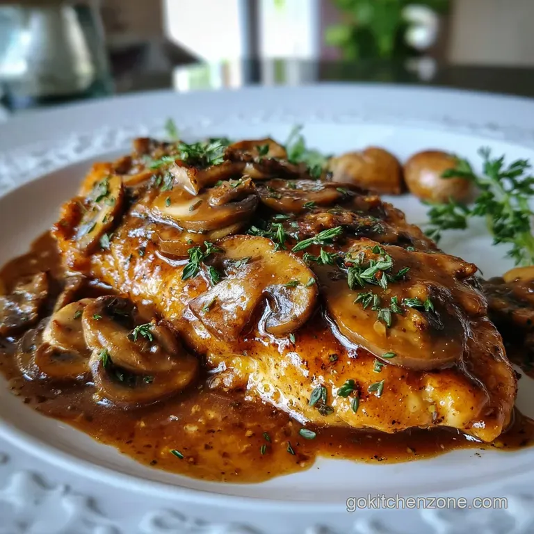 Plated chicken Marsala glistening with sauce, alongside creamy mashed potatoes and vibrant green asparagus spears.