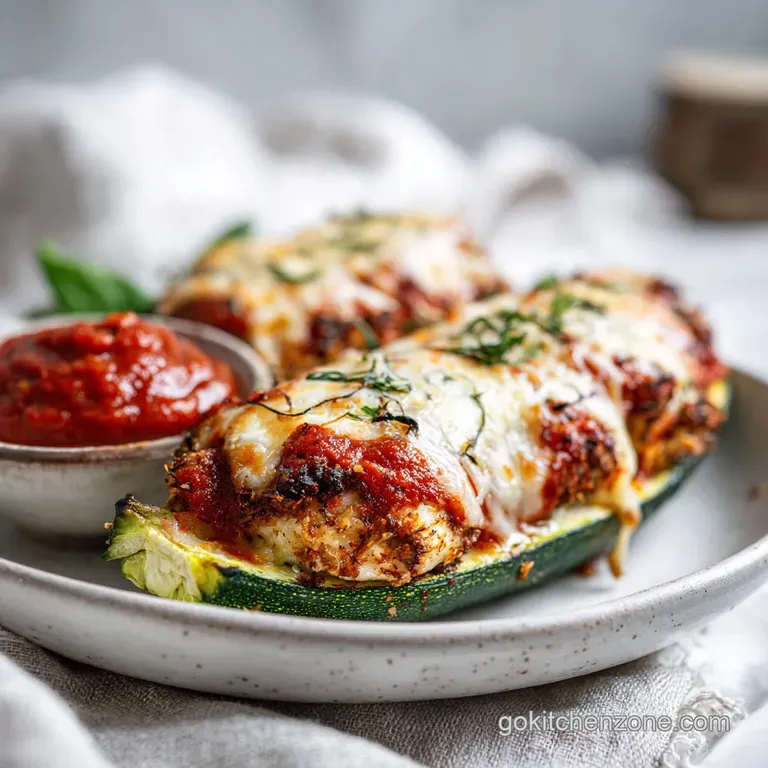 Bright green zucchini boats topped with rich marinara and golden-brown chicken, artfully arranged.