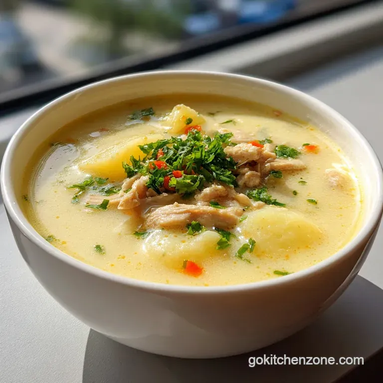 Elegant bowl of chicken potato soup; garnished with fresh parsley and a swirl of cream, hinting at the silky, savory flavor.