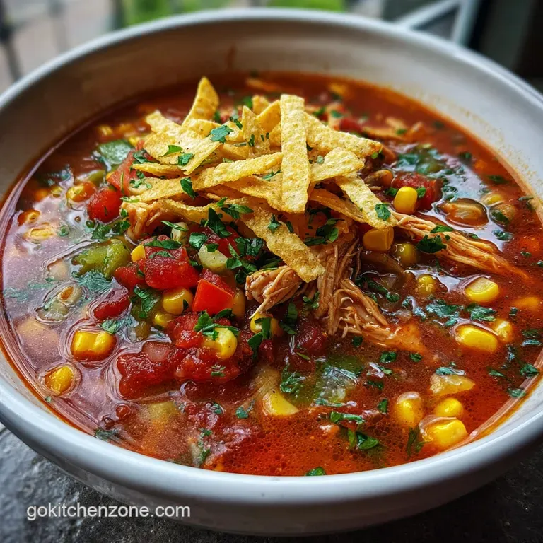 Elegant bowl of chicken tortilla soup with artfully arranged crispy tortilla strips and a dollop of cool sour cream; vibra...