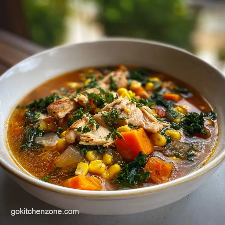 Elegant bowl of chicken vegetable soup, garnished with fresh herbs, steam rising, promising a flavorful, comforting experi...