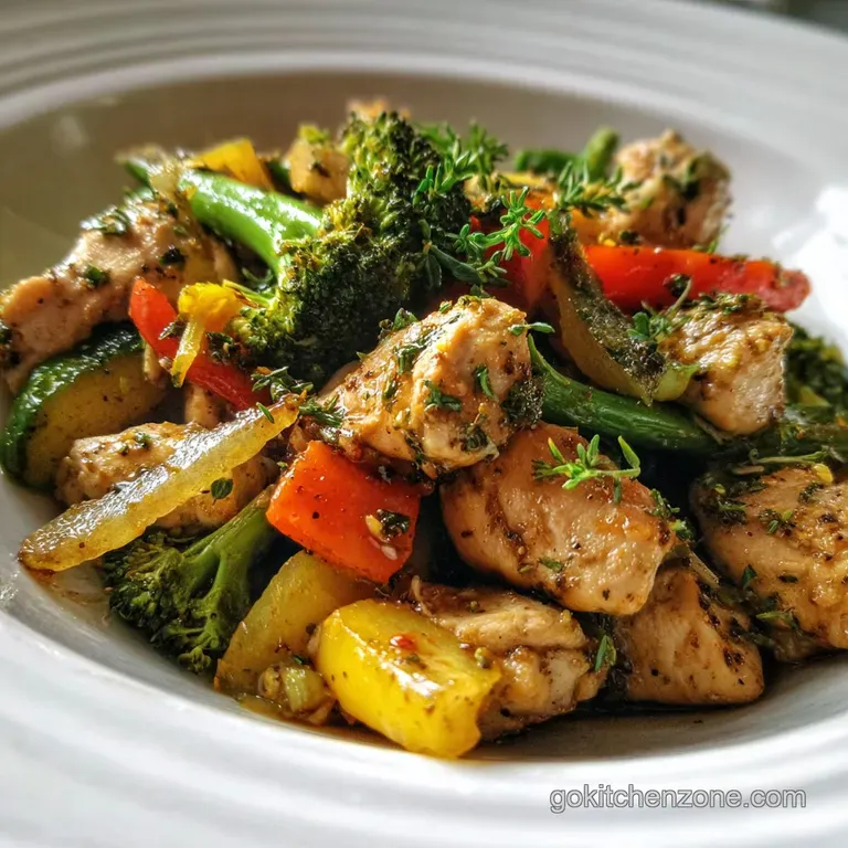 Steaming stir-fry artfully arranged in a white bowl. Glossy ginger glaze coats the chicken & vegetables, topped with fresh...