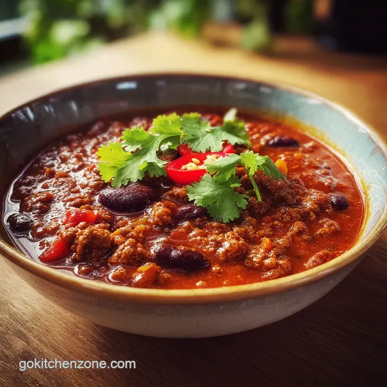 A steaming bowl of chili, topped with melted cheese, bright green cilantro, and a dollop of cool sour cream on a rustic wo...
