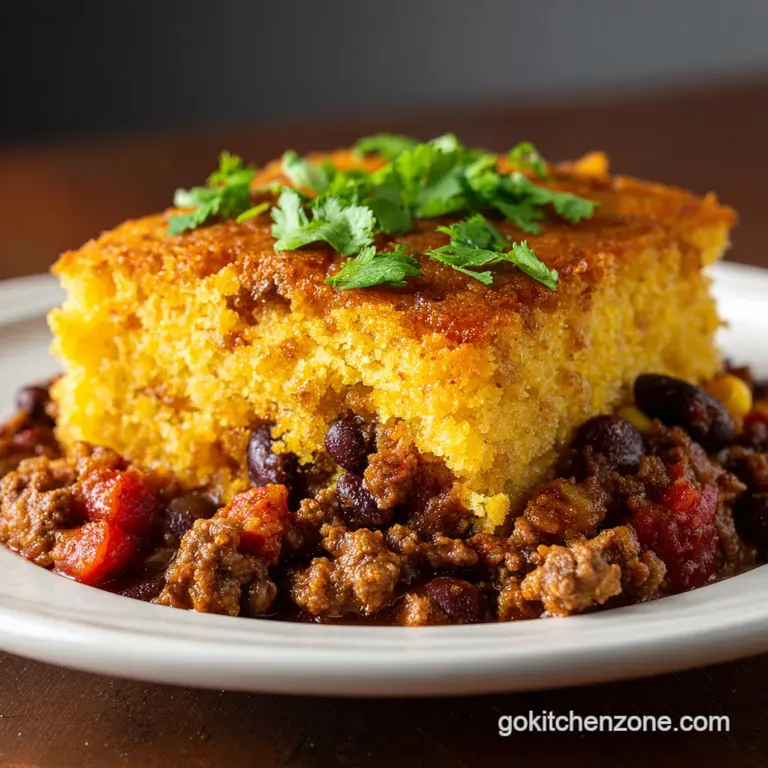 A warm slice of chili cornbread casserole on a plate, steam rising, showing the crumbly cornbread and hearty chili filling.