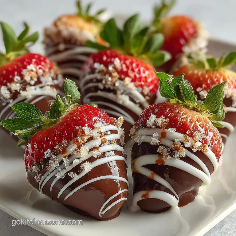 Rows of ruby-red strawberries dipped in rich, dark chocolate arranged on a pristine white plate. Decadent and elegant.