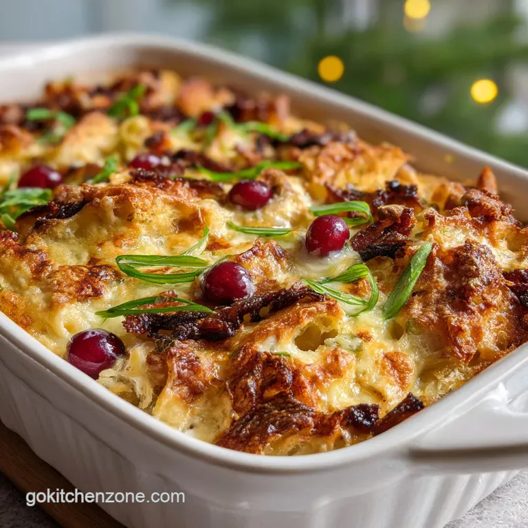 Individual serving of casserole, elegantly plated with fresh herbs, offering a delightful contrast of textures and vibrant...