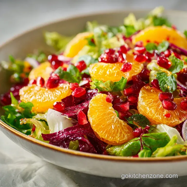 Festive salad elegantly plated: bright green spinach, glistening pomegranate seeds, creamy goat cheese crumbles, and toast...