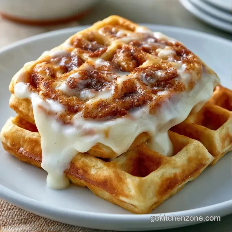 Toasted golden waffles with swirling cinnamon ribbons and creamy white glaze on a rustic wooden breakfast board.