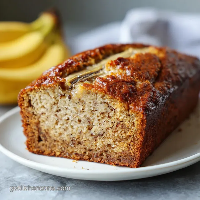 Slice of warmly lit banana bread on a white plate, walnuts sprinkled alongside, with a dollop of creamy butter melting sli...