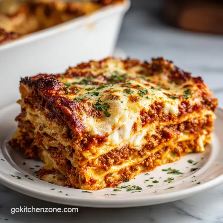 A slice of lasagna plated; the layered pasta, meat sauce, and creamy ricotta are a feast for the eyes on a white plate.