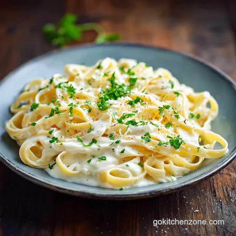 Elegant plate of fettuccine alfredo. Steam rises from the creamy sauce. Sprinkled with fresh herbs and cracked pepper. Whi...