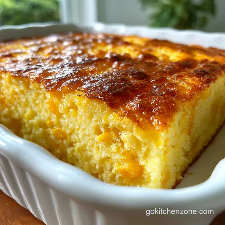 A single serving of creamy corn pudding casserole, steam rising slightly. Garnish with fresh thyme sprig and vibrant red p...