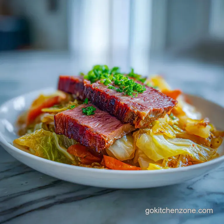 A colorful plate with tender corned beef slices, bright green cabbage, and sliced carrots. Parsley sprig adds freshness.