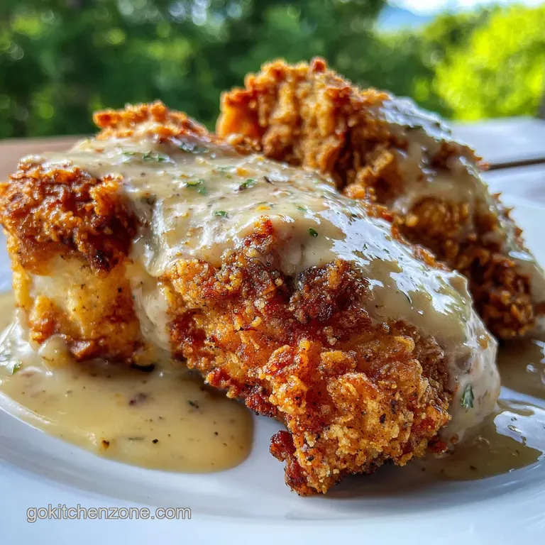 Perfectly plated fried chicken: golden crust, creamy gravy pool, vibrant green parsley garnish. An inviting Southern comfo...