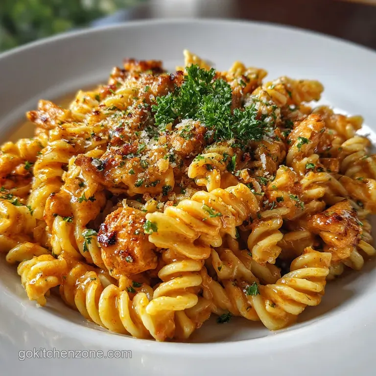 A twirl of golden pasta with a rich, glossy sauce. Topped with fresh herbs and juicy, browned chicken pieces.