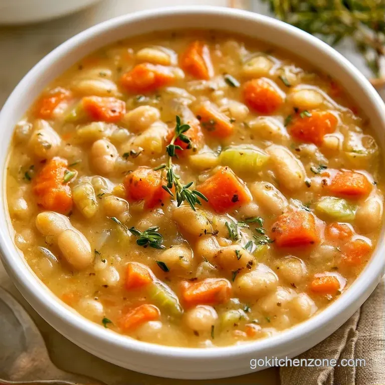 A steaming bowl of pale white bean puree served with a slice of toasted sourdough and a sprig of fresh green thyme.