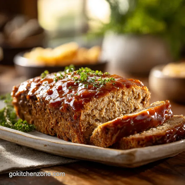 Slice of warmly lit meatloaf, glazed to perfection, resting next to creamy mashed potatoes, a balanced and delicious plate.