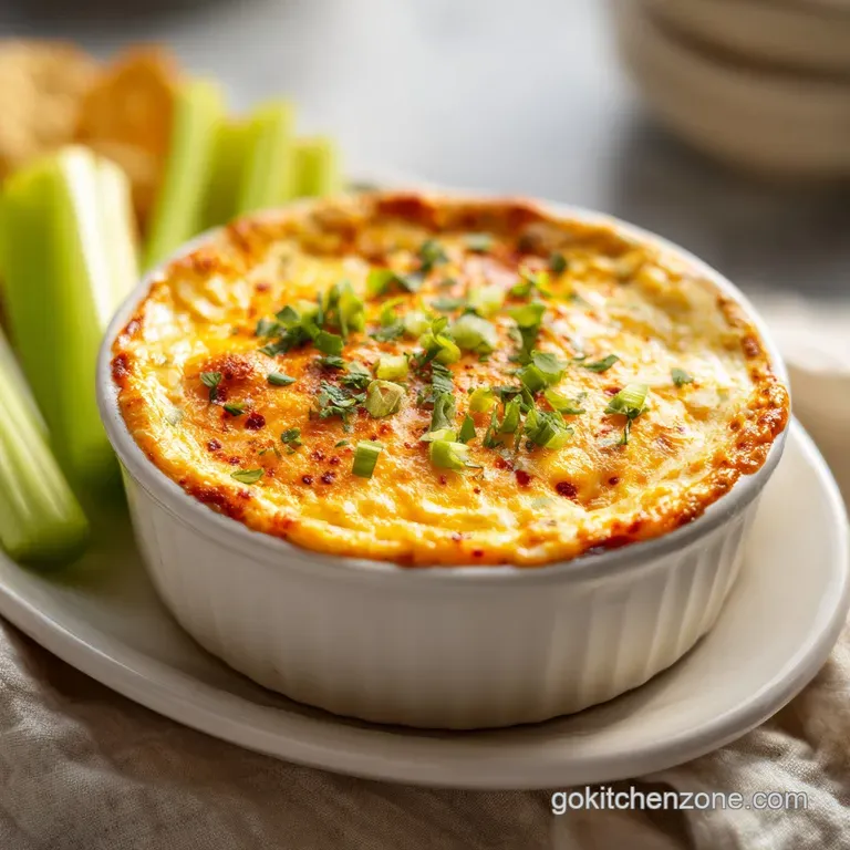 Warm, creamy buffalo chicken dip served in a small ramekin, garnished with celery sticks and tortilla chips.