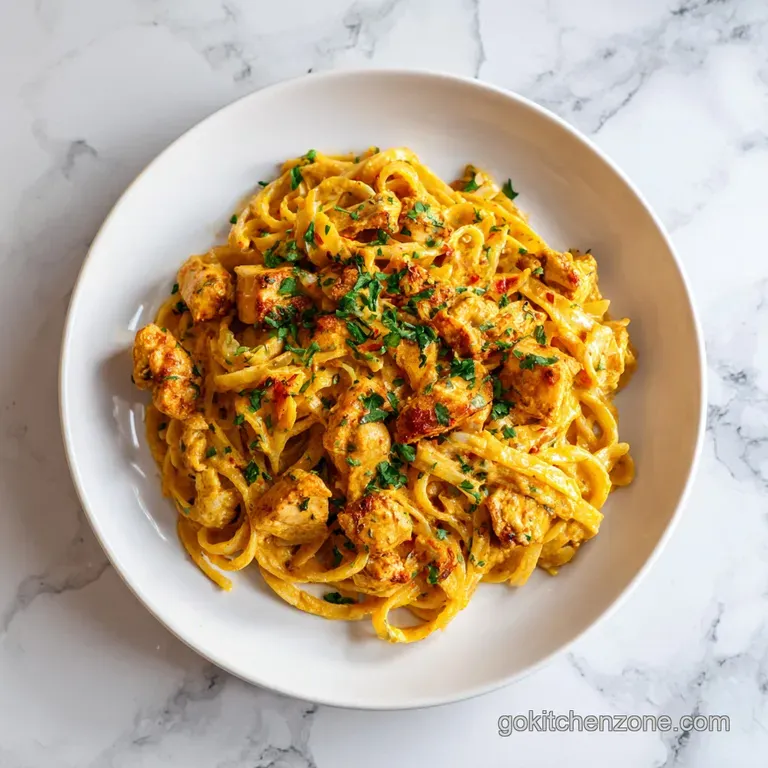 Creamy Cajun chicken pasta plated elegantly with vibrant peppers, chicken, herbs, and a drizzle of sauce. Comfort food at ...