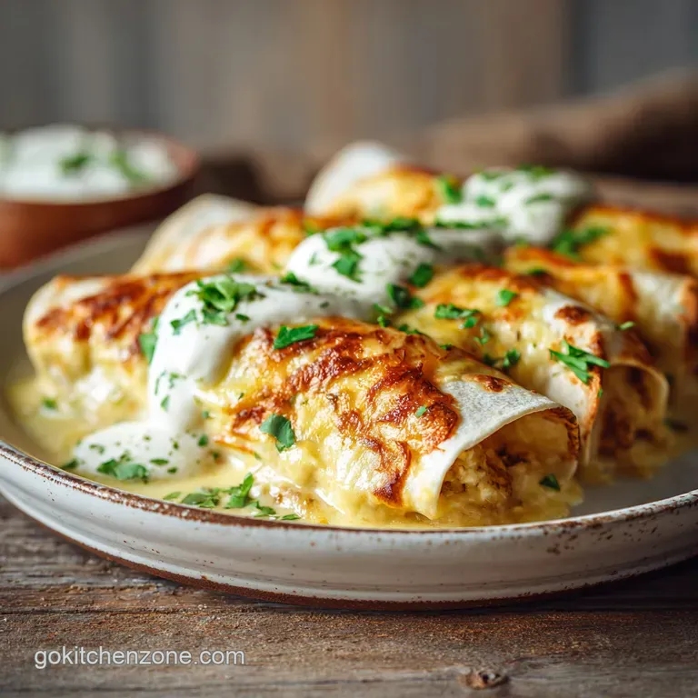 A single enchilada stack on a white plate, drizzled with creamy sauce and garnished with vibrant green cilantro.