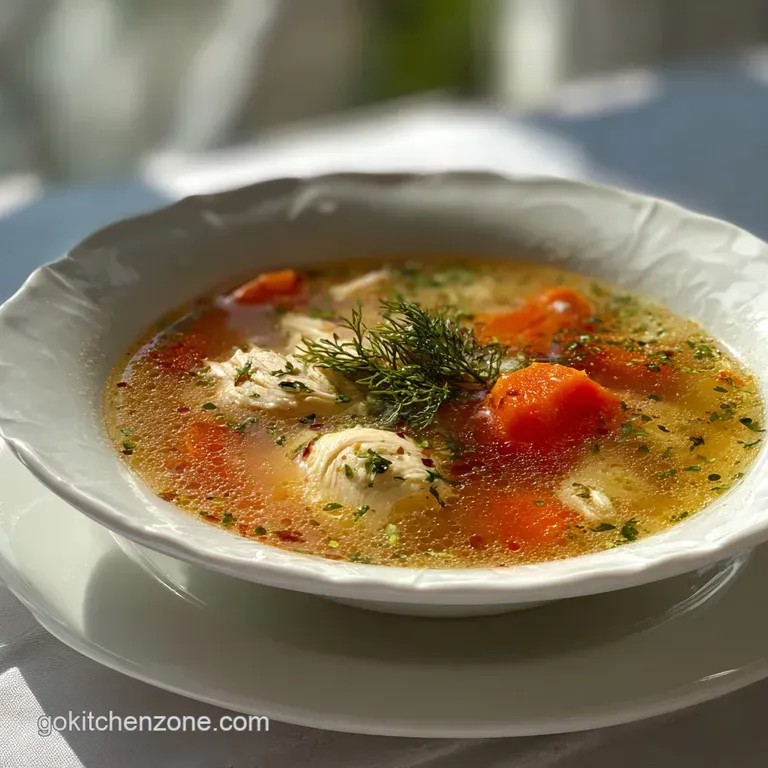 Elegant bowl of creamy chicken soup, garnished with fresh herbs and a swirl of cream. Warm, inviting comfort food.