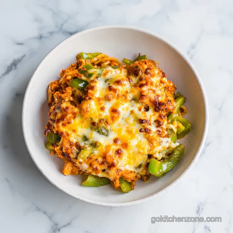 A neat swirl of creamy pasta and tender chicken breast on a white ceramic plate, garnished with a fresh herb sprig.