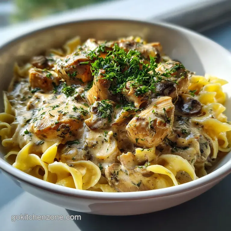 Elegant plate of creamy chicken stroganoff with egg noodles. Hints of sauteed mushrooms and herbs. Steaming hot, ready to ...