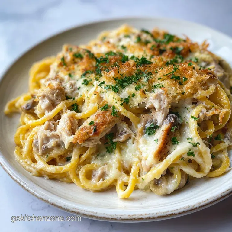 Elegant portion of tetrazzini featuring tender chicken, glistening noodles, and a creamy sauce on a white plate. Sprinkled...