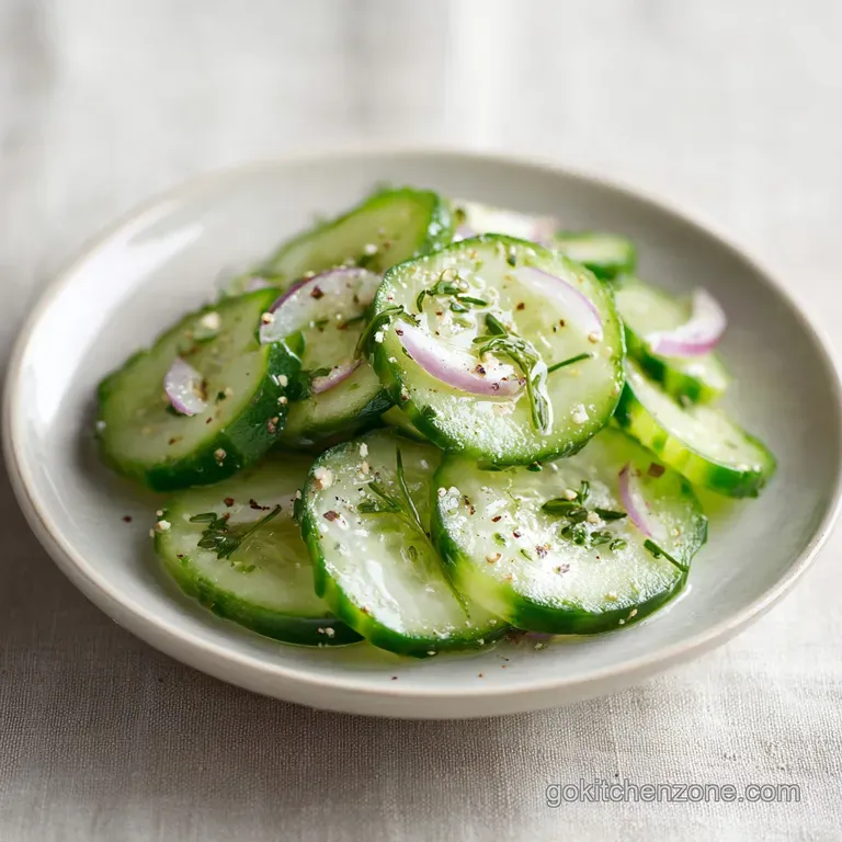Elegant bowl filled with cool cucumber salad. Creamy dressing clings to the sliced cucumbers, topped with vibrant green di...
