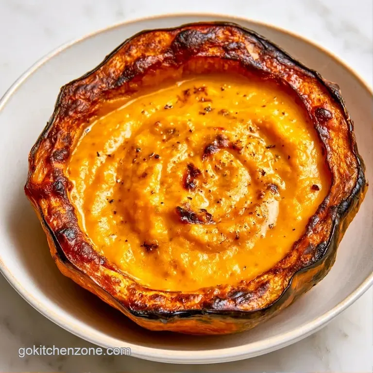 An orange-hued velvety soup served in a roasted squash bowl on a slate platter with a side of toasted sourdough.