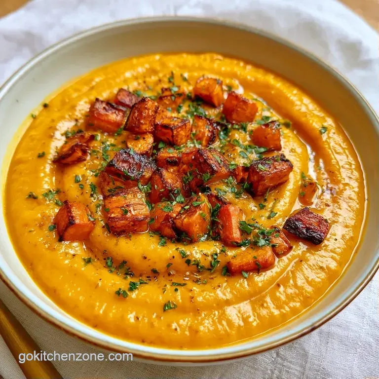 Vibrant orange soup in a wide bowl topped with a swirl of white cream and a sprinkle of fresh green chives.