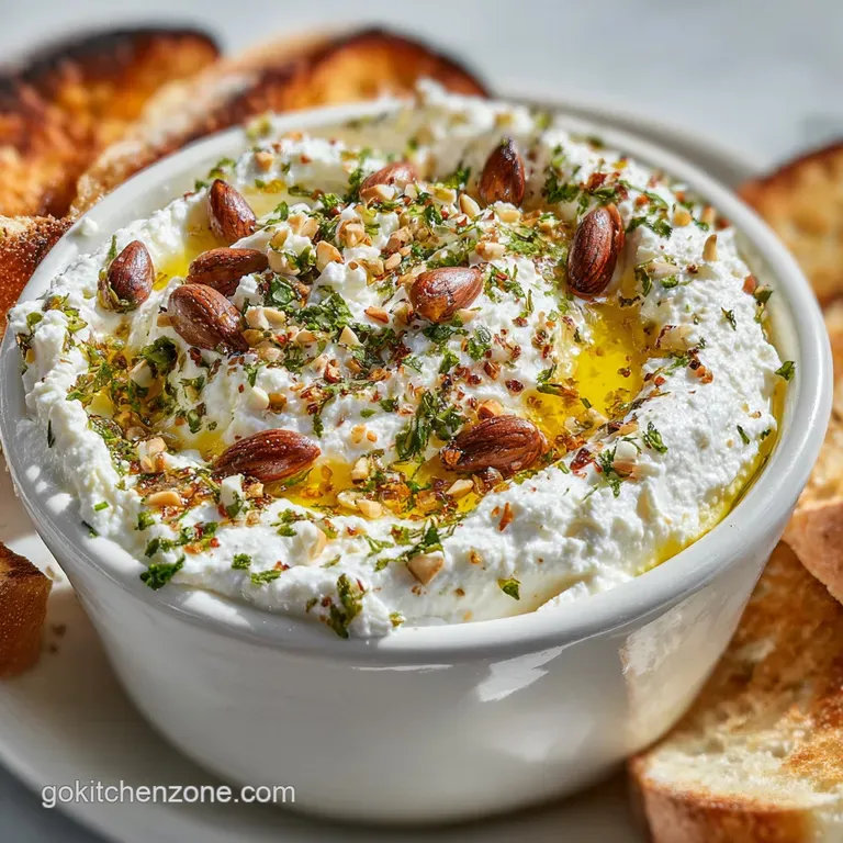 Feta dip artfully arranged on a platter, topped with vibrant herbs. Golden pita bread triangles sit alongside, ready for d...