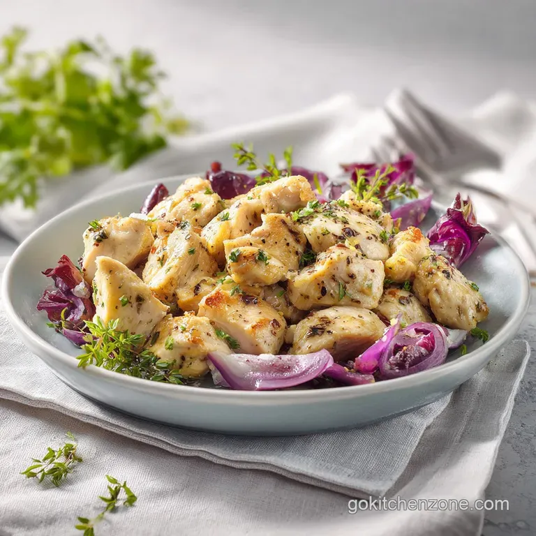 Tender chicken and creamy sauce artfully arranged on a white plate, garnished with fresh green herbs.
