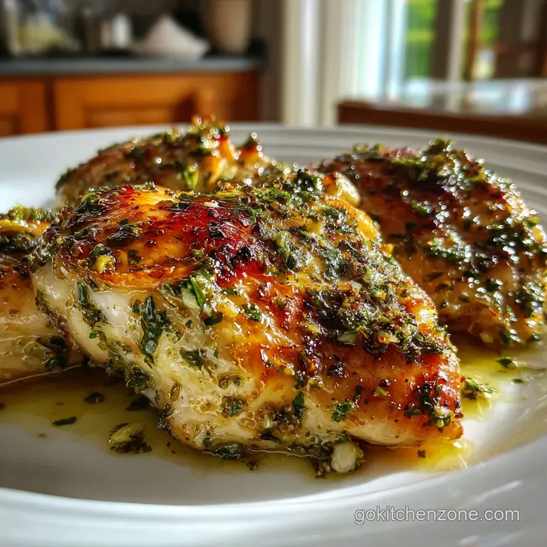 Elegant plate of chicken in cream sauce, garnished with herbs. Chicken looks moist, sauce is rich and inviting.